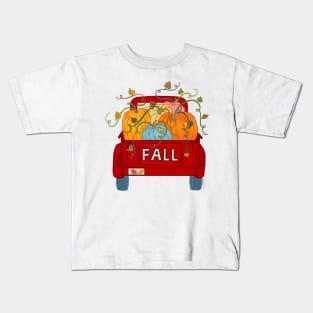 Fall Pumpkin Truck Red Vintage Old Pickup with Pumpkins Kids T-Shirt